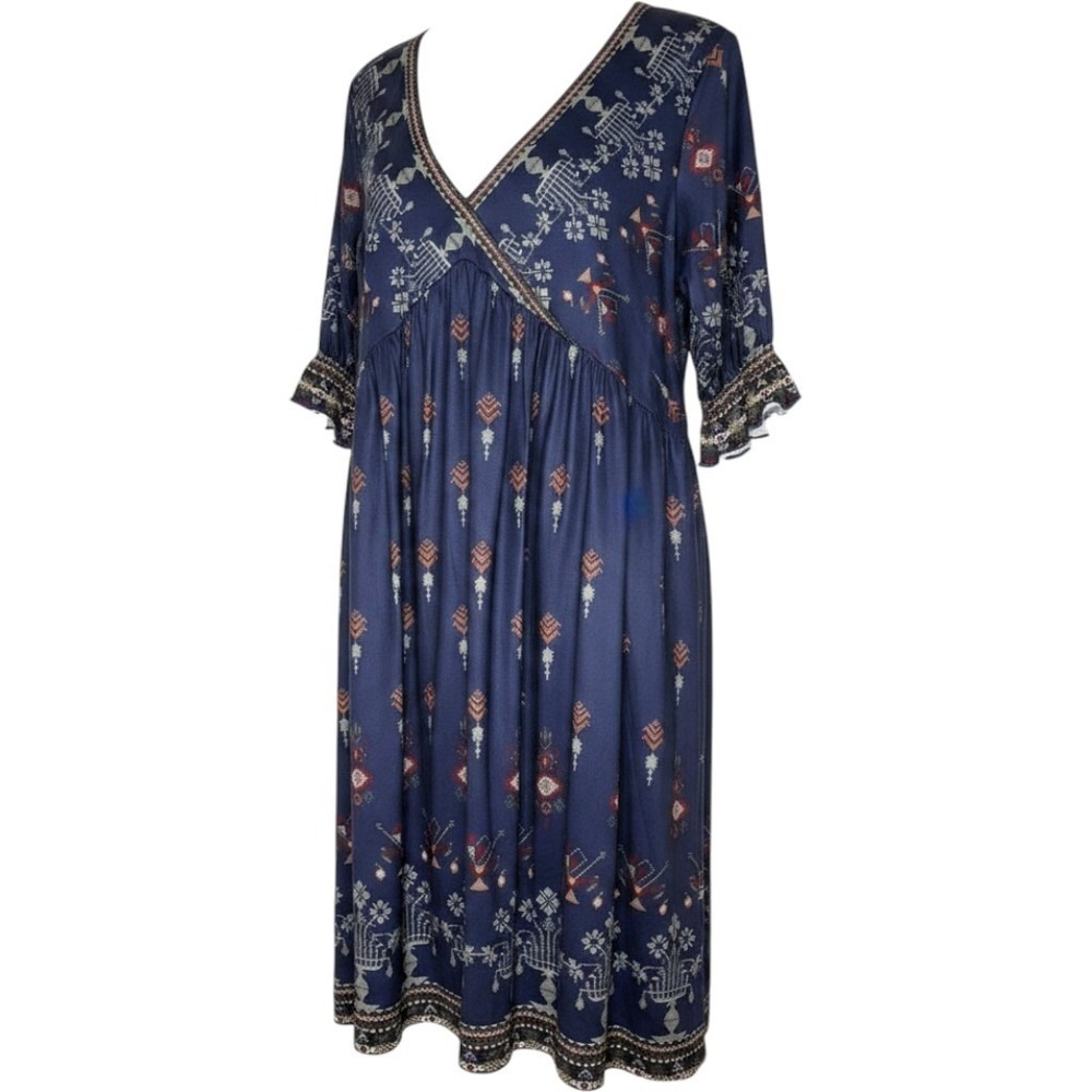 NWT Pink Daisy Boho Floral Midi‎ Dress L Blue Multicolor V-Neck Ruffle Sleeve